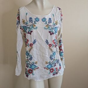 Johnny Was Long Sleeve White Floral Blouse Bohemian Women's XS " Read